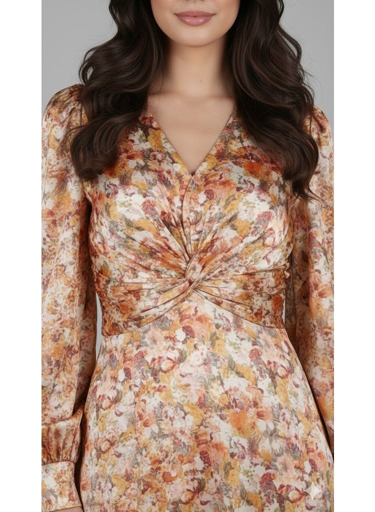 FULL JOY Soft Satin Fabric with Intricate Floral Pattern Maxi Dress ,Elegant Dress with long sleeves, Modern Dress. - Image 2